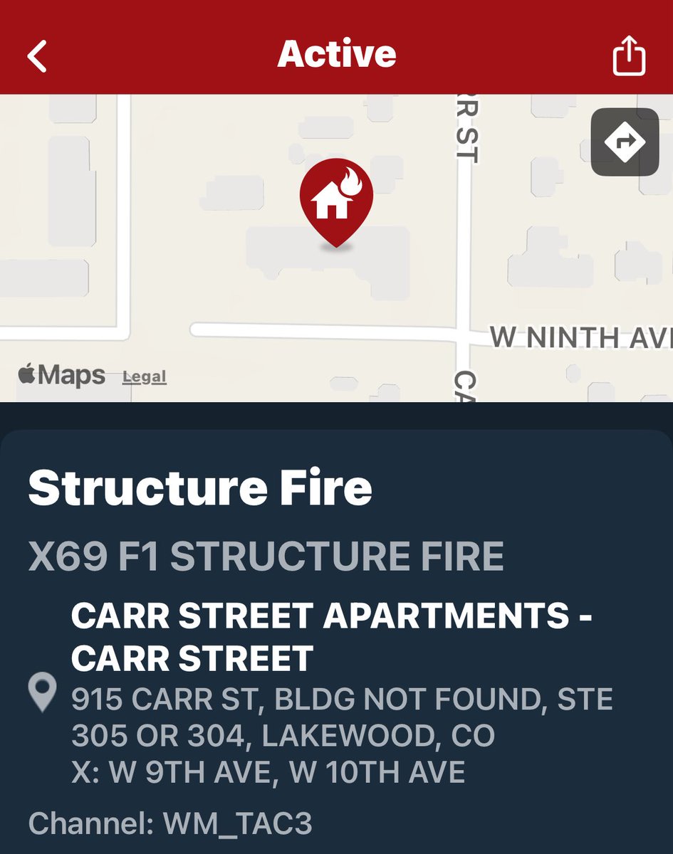 WMFR on scene of a fire in a third story apartment at 9th &amp; Carr. Apartment is believed to be empty, fire is under control.