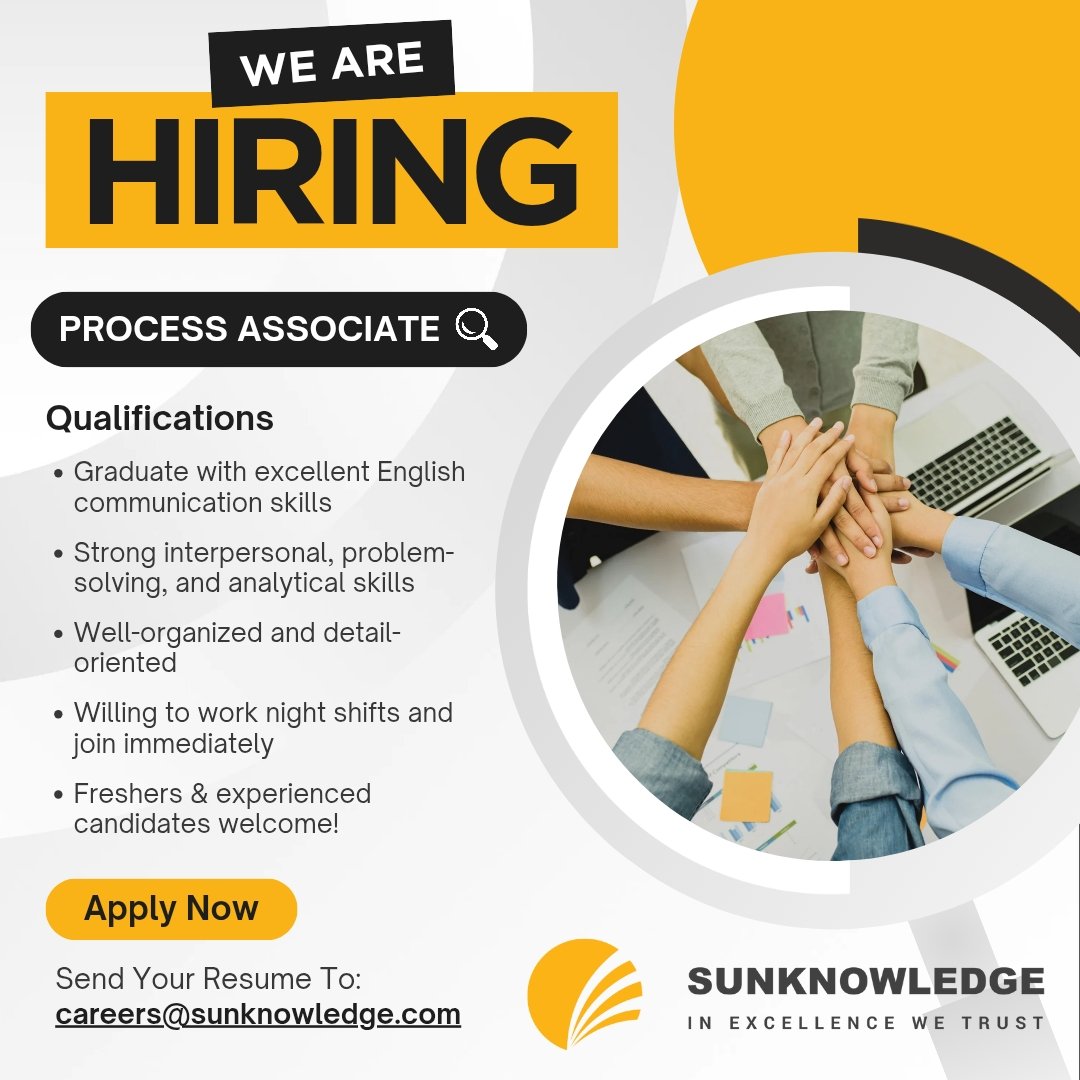 SunknowledgeInc's tweet image. 🚀 Ready to launch your career in a fast-paced, growth-driven environment?
Join us as a Process Associate and be part of a team that celebrates skills, passion &amp;amp; purpose 💼💥
📩 Apply now: careers@sunknowledge.com
#WeAreHiring #ProcessAssociate #JoinTheTeam