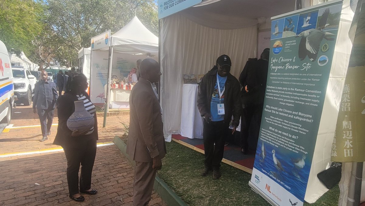 networkforenvi1's tweet image. Zimbabwe's Minister of Local Govt. Hon. @DanielGarwe6 visits @birdlifezim stand at the ongoing #RamsarCOP15 summit in Victoria Falls.
@birdlifezim @BirdLife_News @RamsarConv @MinOECW @sakaz90 @CarbCredAfrica @meagwetlands @fiona_iliff @dorothywetlands @FarawoTinashe @EMAeep