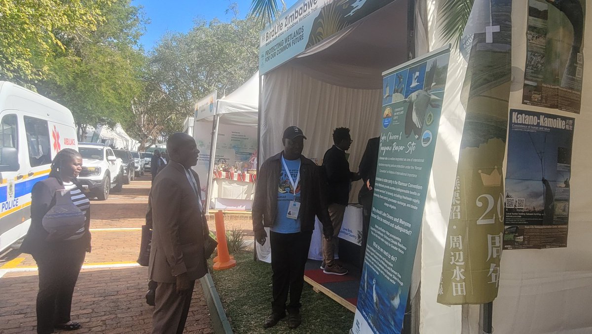 networkforenvi1's tweet image. Zimbabwe's Minister of Local Govt. Hon. @DanielGarwe6 visits @birdlifezim stand at the ongoing #RamsarCOP15 summit in Victoria Falls.
@birdlifezim @BirdLife_News @RamsarConv @MinOECW @sakaz90 @CarbCredAfrica @meagwetlands @fiona_iliff @dorothywetlands @FarawoTinashe @EMAeep