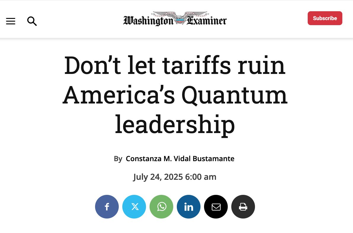 Constanza_MVB's tweet image. In a new piece, I highlight an overlooked victim of the trade wars: America’s quantum tech leadership. Without swift tariff carveouts and a supply chain strategy, the U.S. will lose a hard-won strategic edge—just as China and Europe ramp up their quantum ambitions. 🧵