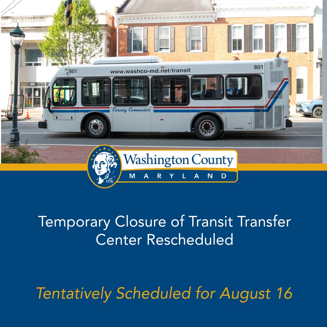 Washington County Transit announces that, due to inclement weather predicted for Saturday, July 26, 2025, the contractor has postponed the sealing and striping project at the Transit Transfer Center.

To read the full release, visit: washco-md.net/news/temporary…