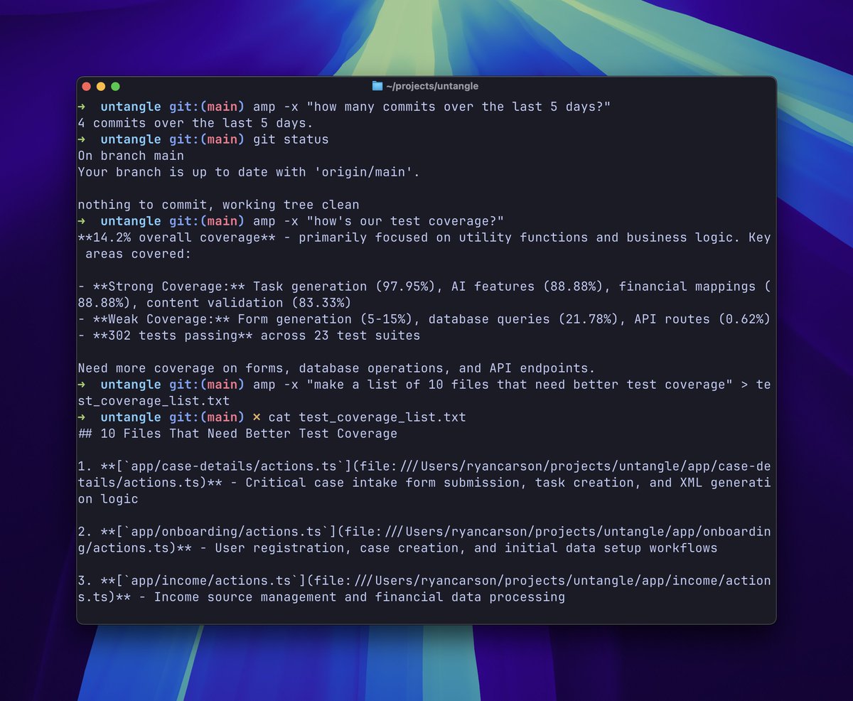 Power tip for all of you who live on the CLI and use AI agents.

When you want to summon AI instantly to answer a question or bang out a task *without leaving the command line to start a CLI agent*, just use this command:

amp -x "ask your question here"

You can also redirect