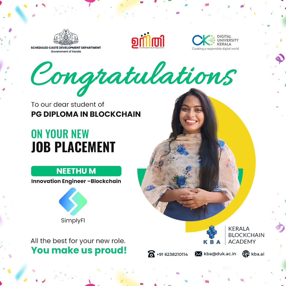 kbaiiitmk's tweet image. Congrats, Neethu M, PG Diploma in Blockchain graduate from KBA, for being promoted as Innovation Engineer- Blockchain at SimplyFI Innovations PTE Ltd!
#WomenInTech #CareerGrowth #BlockchainDeveloper #InnovationEngineer #KBA #DUK #SCDD #CareerSuccess #Hyperledger #Blockchain