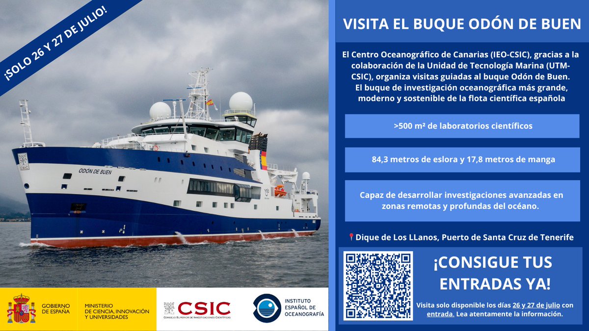 IEOoceanografia's tweet image. 🚢 ¡Visita en Tenerife el buque oceanográfico más moderno de España!
El #OdóndeBuen de #IEO_CSIC abrirá sus puertas al público los días 26 y 27 de julio.
🤝 Organizan @ieo_canarias y #UTM_CSIC
🔗 Entradas gratuita previo registro
📍 Dique de Los Llanos, S/C de Tenerife