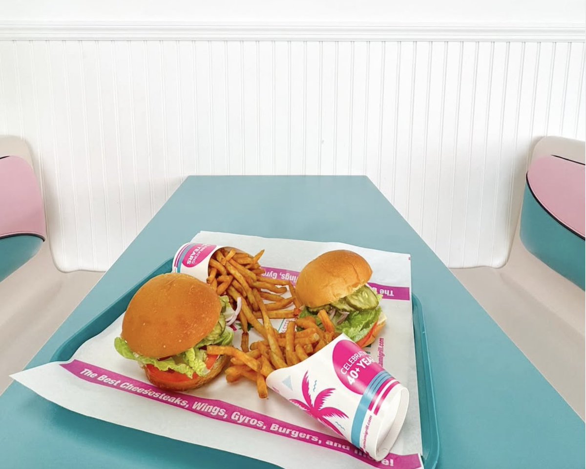 Burgers, fries, and allll the retro vibes 🍔🍟💖 Come for the flavor, stay for the aesthetic. #MiamiGrill #RetroEats #TasteTheVibe