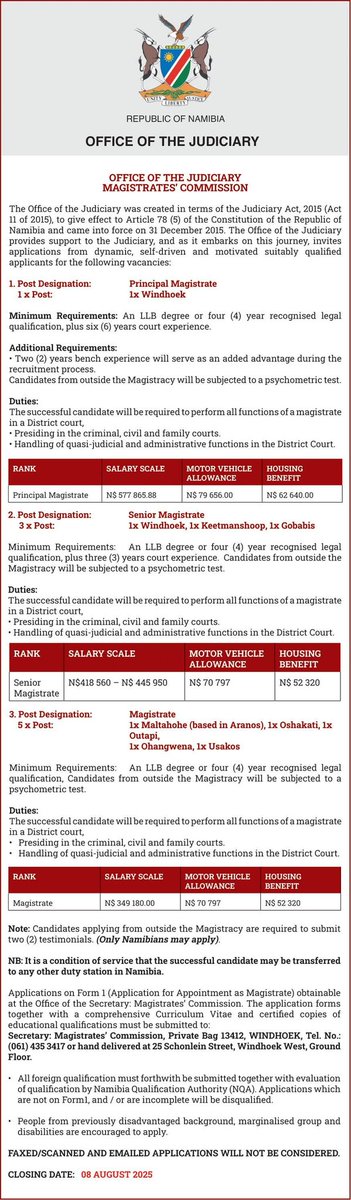 NAMJudiciary's tweet image. 📌WE ARE HIRING!!!

 1 x Principal Magistrate
 3 x Senior Magistrates
 5 x Magistrates

 🗓️ Closing Date: 08 August 2025

#JudiciaryCareers #VacancyAlert #NamibiaJobs #WeAreHiring