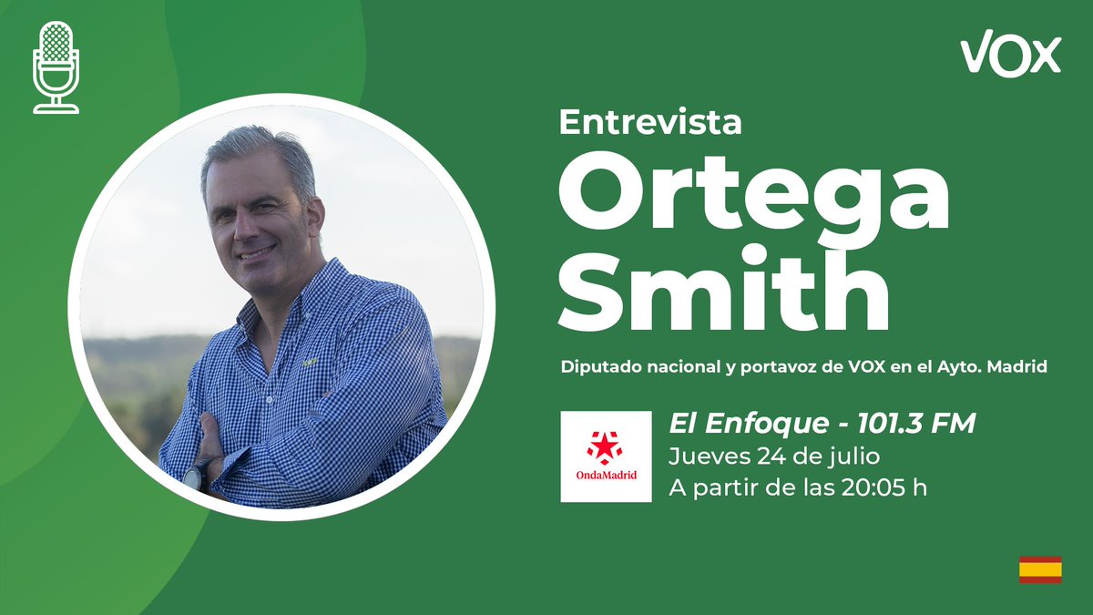 Javier Ortega Smith (@ortega_smith) on Twitter photo 🎙️ Esta tarde, a partir de las 20:05h, estaré en ‘El Enfoque’, de <a href="/ondamadrid/">Onda Madrid</a>, para analizar la actualidad política.
¡Os espero! 😉 🎙️ Esta tarde, a partir de las 20:05h, estaré en ‘El Enfoque’, de <a href="/ondamadrid/">Onda Madrid</a>, para analizar la actualidad política.
¡Os espero! 😉