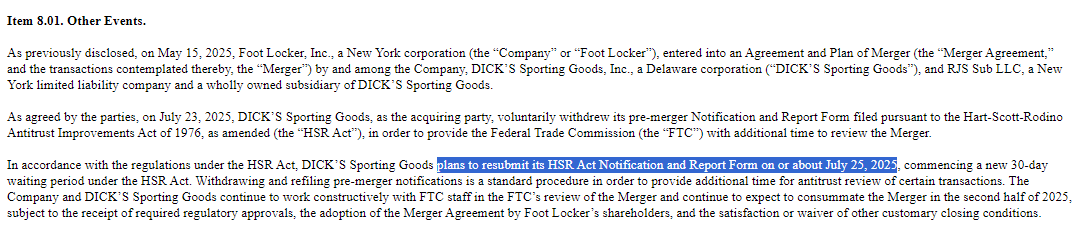 JulianKlymochko's tweet image. Foot Locker / DICK’S Sporting Goods pulled and refiled their HSR notification.

Is the FTC sniffing out a monopoly in the retailing of &quot;accessible luxury running shoes&quot;? We&apos;ll know next month if this merger gets a second request.

$FL $DKS