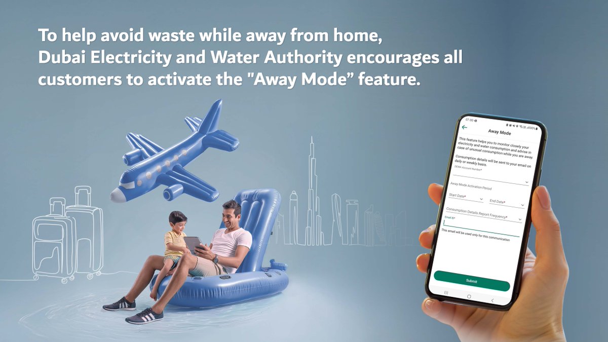 DEWAOfficial's tweet image. As part of its ‘Expand Your Smart Choices This Summer’ campaign, DEWA encourages customers to activate the ‘Away Mode’ feature on its website or smart app before travelling. This helps ensure efficient use of electricity and water, even during their absence.
#DEWANews