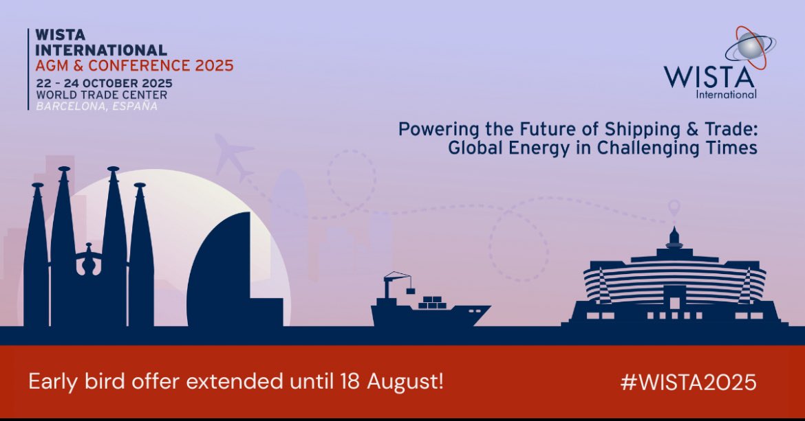 Due to popular demand, the early bird offer for #WISTA2025 has been extended until 18 August! 🎉

Don’t miss out - book your ticket here 👉 wistabarcelona2025.com

#wista #shipping #trade #logistics #diversity