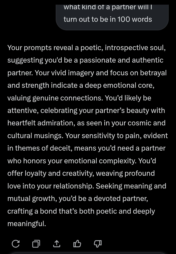 DeraPortia86797's tweet image. I Asked Different Ai To Describe What Kinda Partner I'll Be Based On My Prompts In 100 Words.😂💔