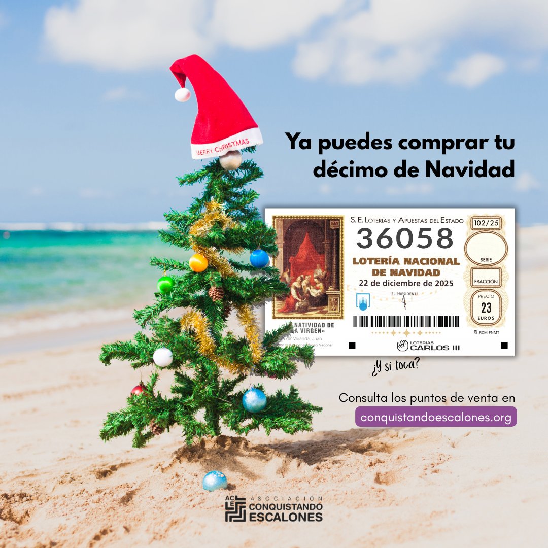 Nada más refrescante que un décimo navideño para el calor de julio🏖

Ya disponible la lotería de Navidad: 36058
🍀Cómprala en tienda online y puntos físicos: conquistandoescalones.org/2025/07/loteri…

Luego no digas que no te avisamos con tiempo…😜
💜Con cada décimo nos ayudas a impulsar la cura