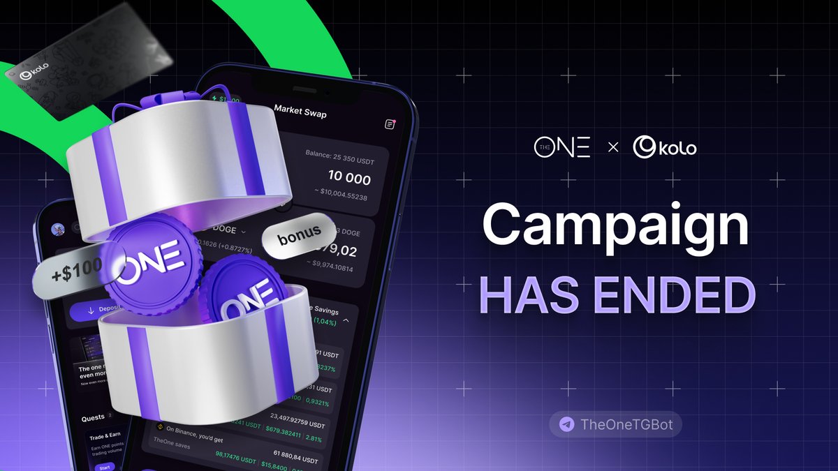 🚀TheOne x Kolo Campaign Successfully Completed!

🙌Big thanks to everyone who joined in, traded, and activated their <a href="/KoloHub/">Kolo</a> cards

🎁 All campaign rewards will be distributed in a few days to wallets inside TheOne and Kolo. Keep an eye on your balances

Trade CEXs &amp; DEXs on