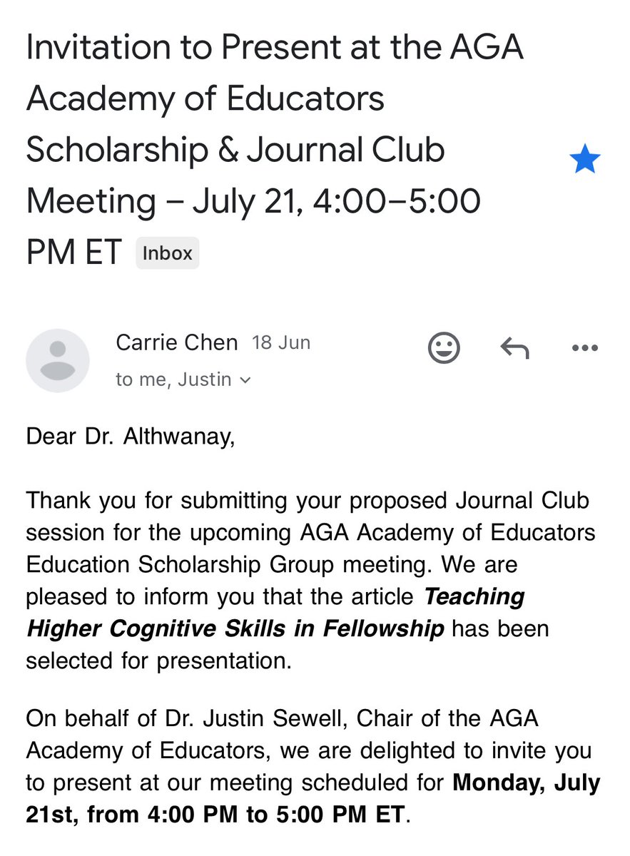 aalthwanay1's tweet image. Honored to be invited to present at the @AmerGastroAssn Academy of Educators on high-order cognitive skills & clinical reasoning in GI fellowship!
I was excited to learn that @brownbrij76 one of the article’s original authors, was in attendance. Grateful for @GIMedEd for the…