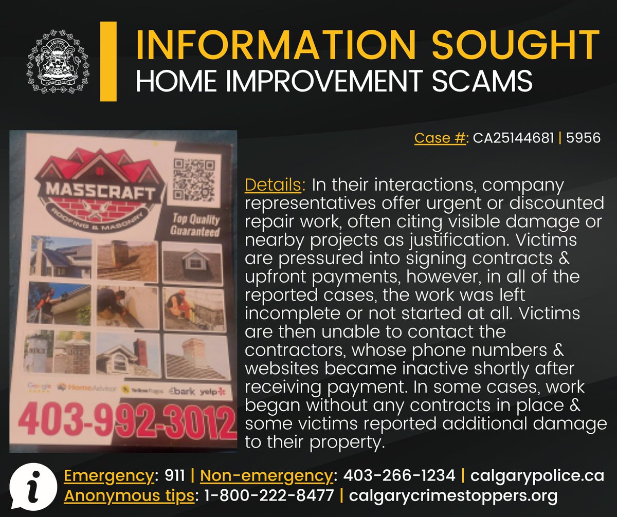 CalgaryPolice's tweet image. ⚠️ HOME IMPROVEMENT SCAMS IN CALGARY ⚠️
We are looking for information from the public in relation to several home renovation scams that have resulted in the loss of more than $116,000 from Calgarians.
‼️To date this year, we have received 6 reports of seniors in Calgary who…