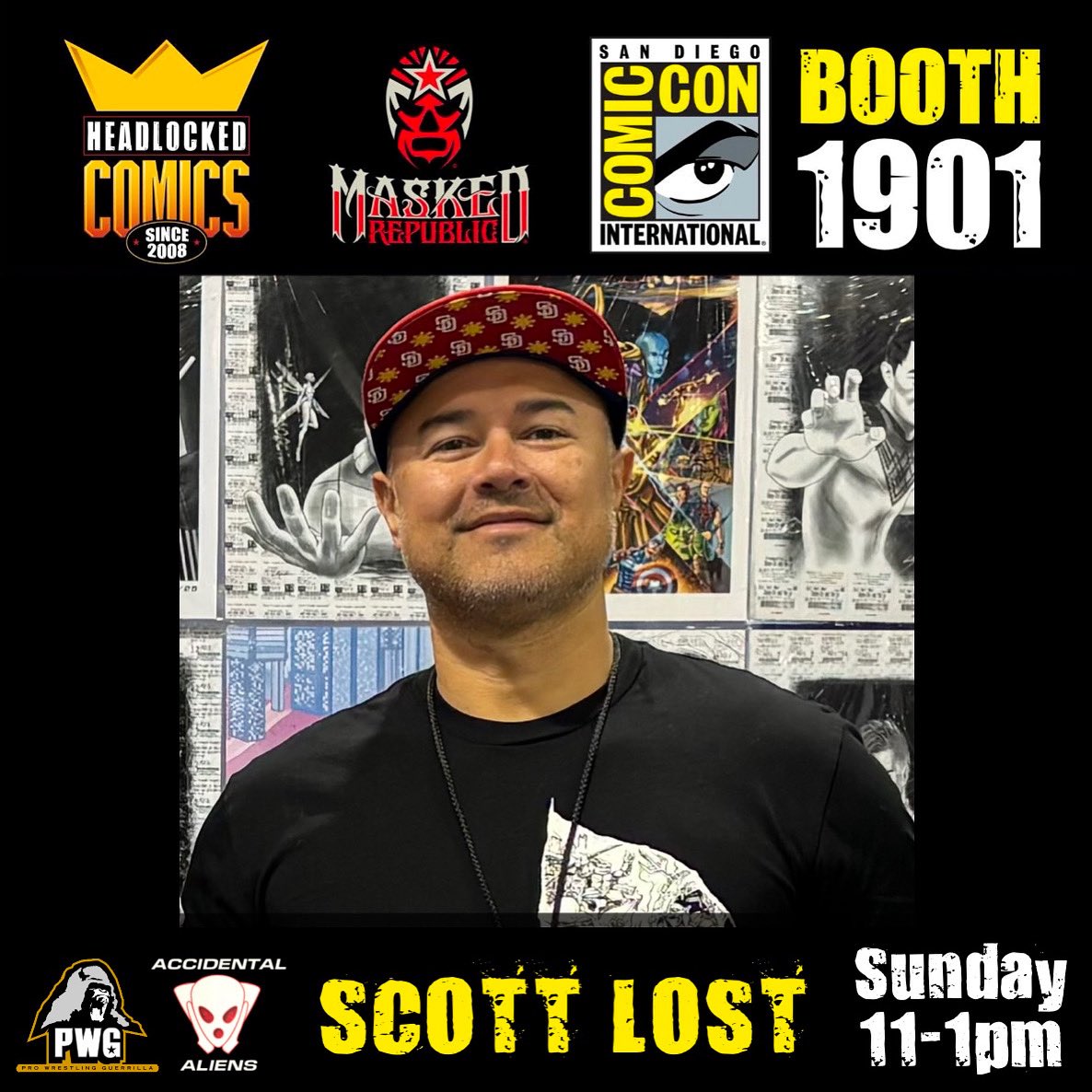 ScottLost's tweet image. The Accidental Aliens didn’t get a table this year, (yay new SDCC management!) but I will be at the @HeadlockedComic booth 1901 on Sunday from 11-1pm! I’ll be selling my books, art, and even bringing along some Scott Lost figures!!!