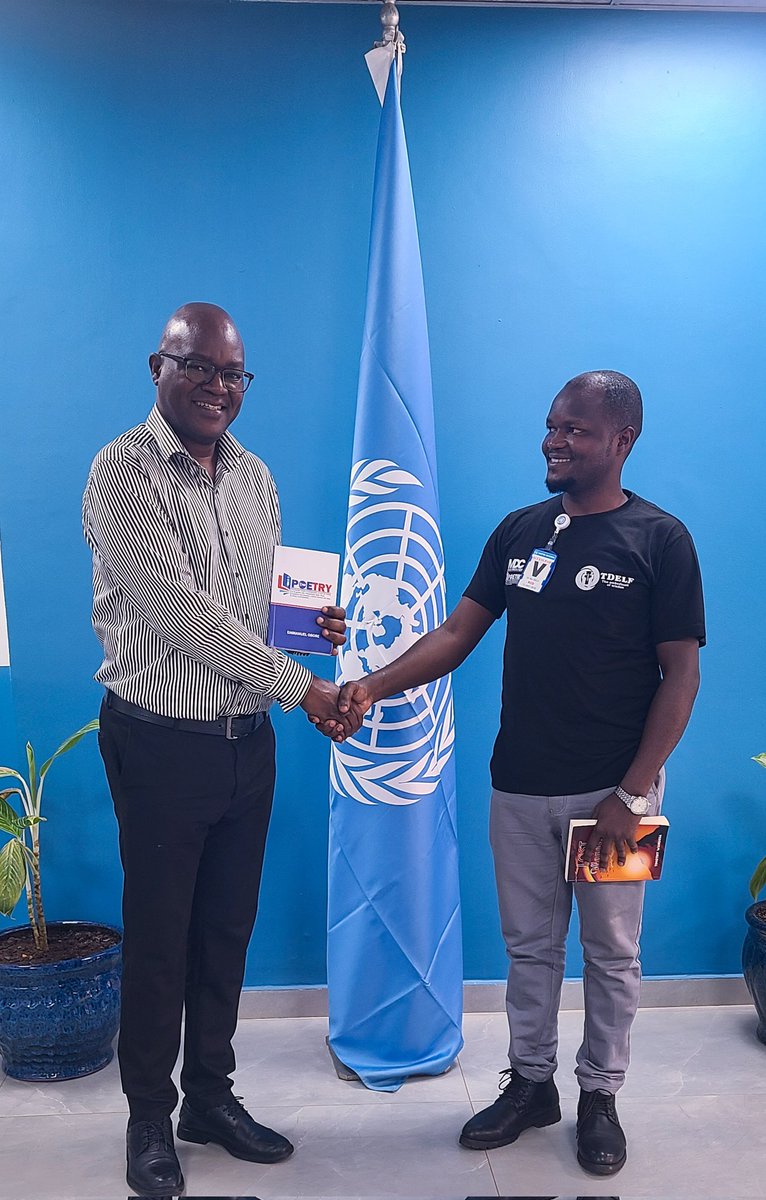 TDELF2's tweet image. Today, our Executive Director @obore_emmanuel had the honor of presenting a copy of his book *I POETRY* to Mr. @MichaelWangusa , the Communication Officer at the @UNinUganda Resident Coordinator’s Office (RCO), who kindly purchased a copy.