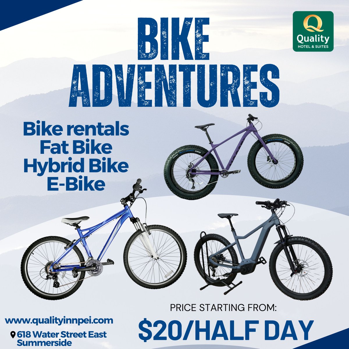 Discover Summerside on two wheels!

Rent a bike right from the hotel and cruise the scenic waterfront, explore the boardwalk, or head downtown for a local bite.

Easy rentals at the pool hut or front desk.

The perfect way to explore PEI your way!

Adventure is just a pedal away.