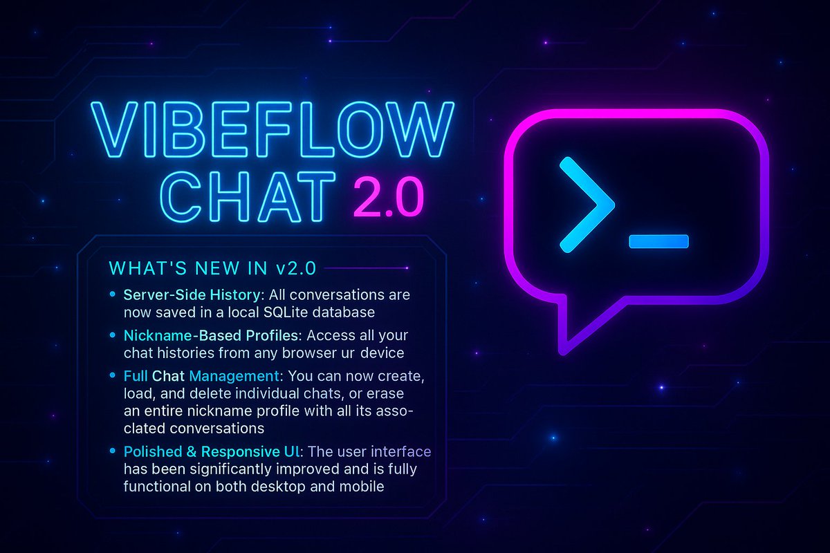 vibecodingflow's tweet image. VibeFlow Chat 2.0 is out in the wild. No clouds, no limits, no Big Tech peeking over your shoulder. Just pure, local AI power at your fingertips. vibe-coding-flow.com/downloads/vibe…