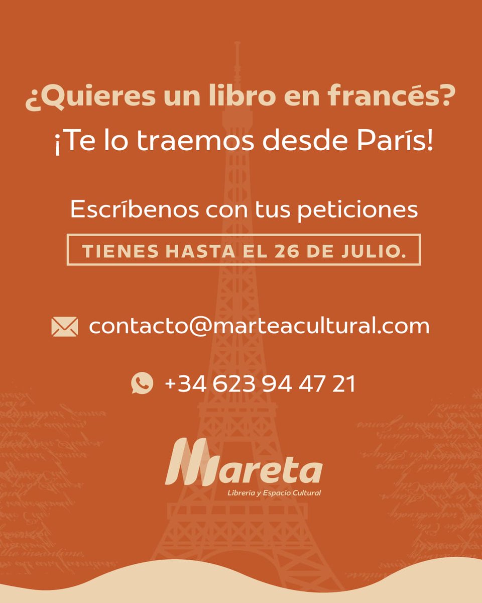 Julio Martinez García (@martinezgajulio) on Twitter photo ¿Te gusta la #literatura francesa? Pídenos tus títulos preferidos en el #correo contacto@maretacultural.como en el #whatsapp 623 94 47 21, y te los traemos desde #París.
oceanoatlanticoeditores.com/mareta-divulga… ¿Te gusta la #literatura francesa? Pídenos tus títulos preferidos en el #correo contacto@maretacultural.como en el #whatsapp 623 94 47 21, y te los traemos desde #París.
oceanoatlanticoeditores.com/mareta-divulga…