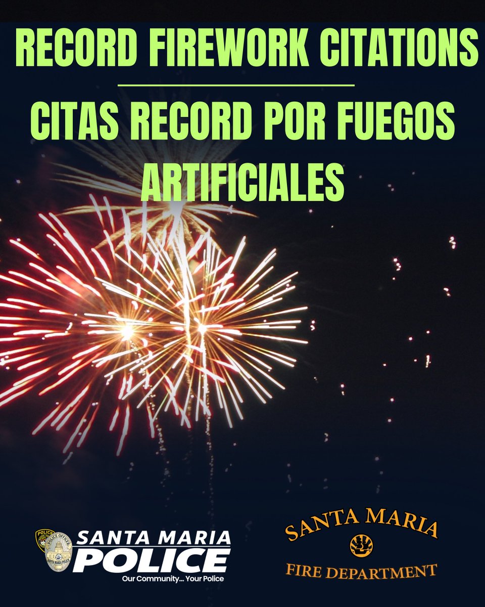 City_SantaMaria's tweet image. The City of #SantaMaria is issuing a record number of citations for the use of illegal fireworks in 2025. Between 100 to 110 citations are likely. Last year, the City issued 63. @SMFDHQ @SMPDHQ