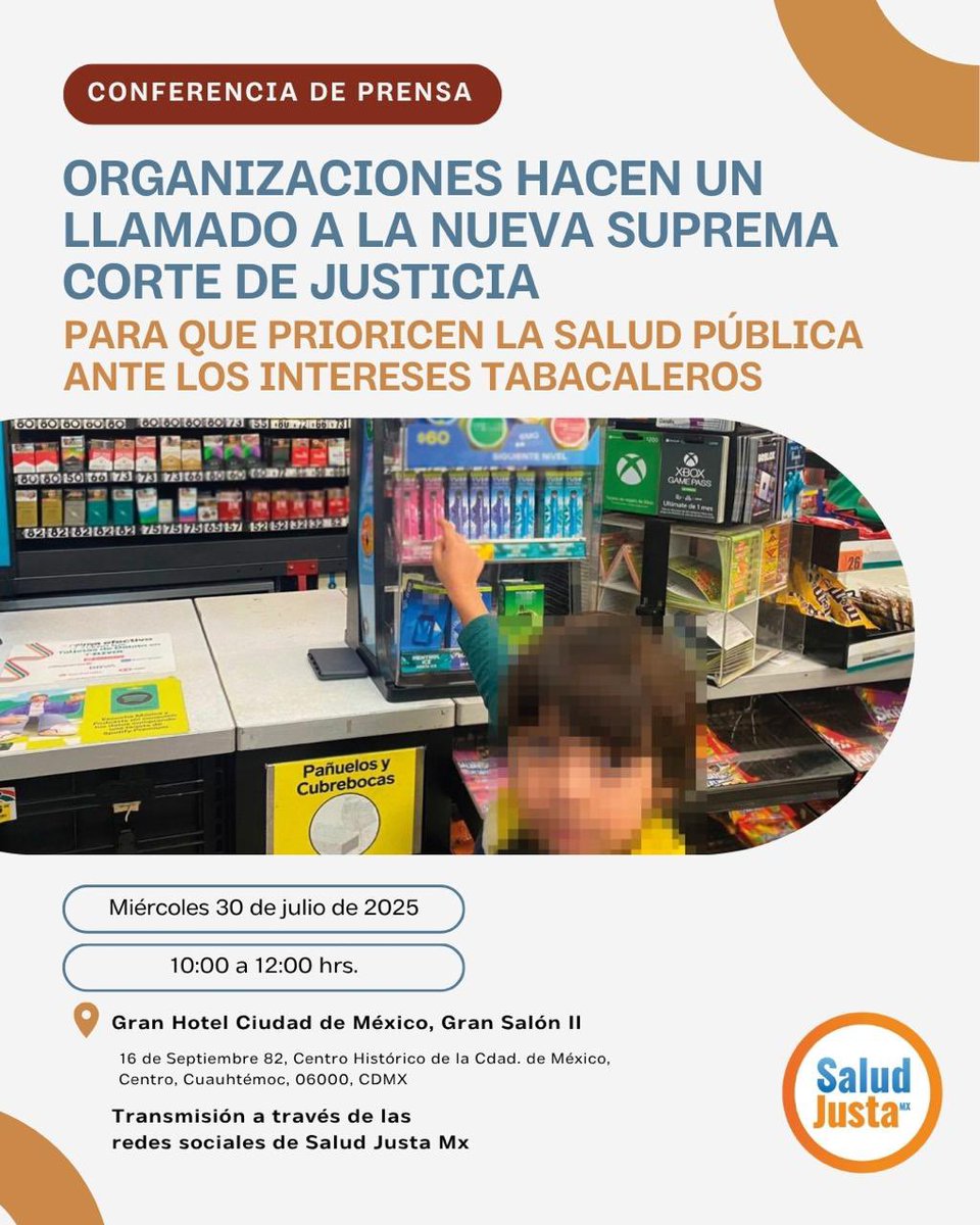 📣📣📣 Conferencia de prensa: “Organizaciones hacen un llamado a la Nueva Suprema Corte de Justicia para que prioricen la salud pública ante los intereses tabacaleros”
📅 Miércoles 30 de Julio / 10:00 hrs
¡Súmate a través de nuestras redes sociales!