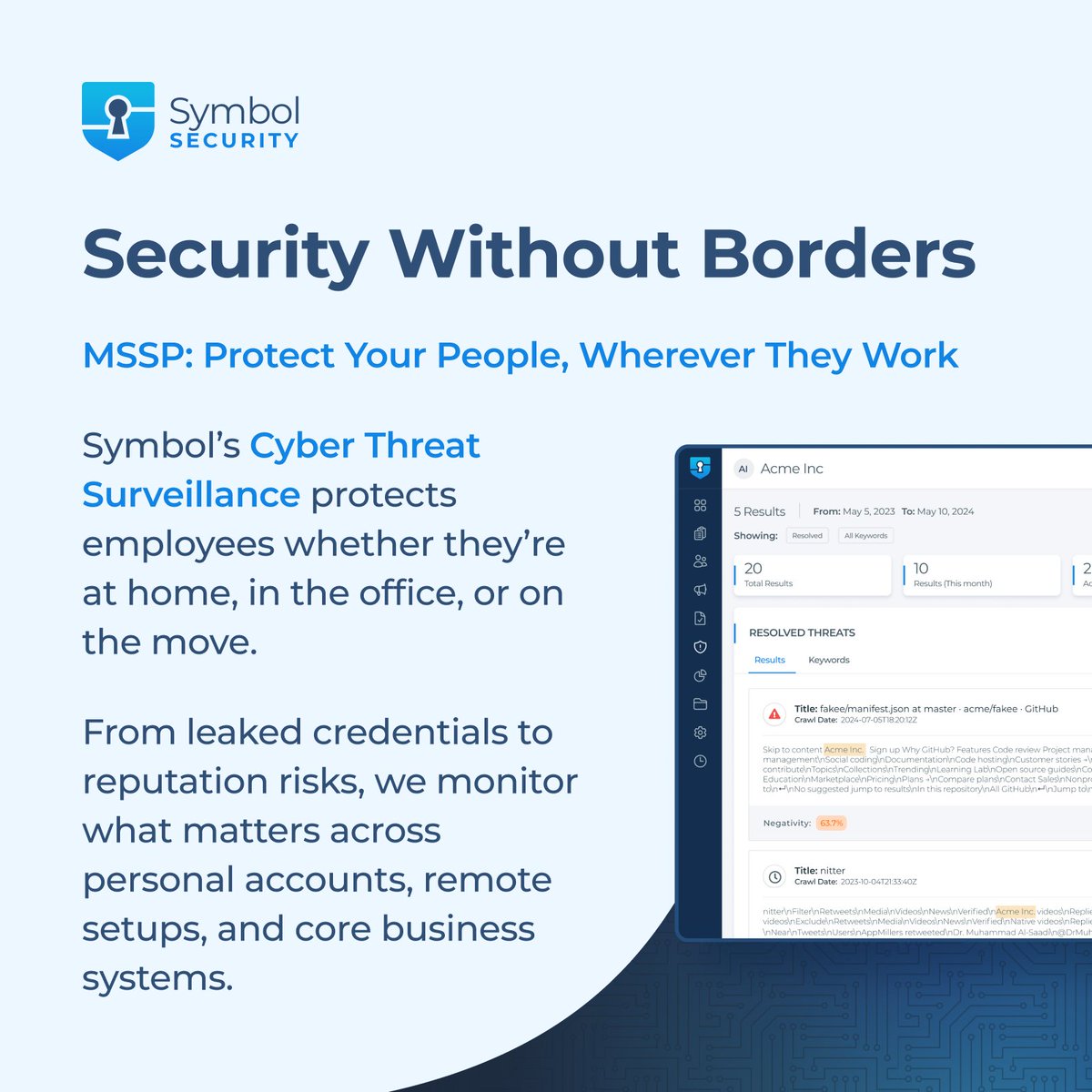 Symbol_Security's tweet image. #Security shouldn’t stop at the office door.
From coffee shops to home offices, today’s workforce is always connected, and always exposed.
With Symbol’s Cyber Threat Surveillance, #MSSPs can protect users anywhere—detect risks early, respond fast. 🌍
#CyberSecurity #MSSP