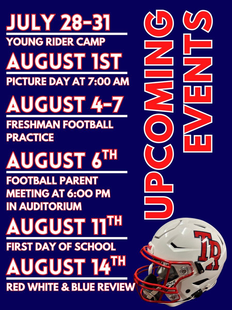 Summer is officially over! Time to go to work! 

FRESHMAN!!! We will see you Monday morning for Young Rider Football Camp. 
Registration begins at 7:30am. Cost is $25. 

We cannot wait to see the future of Roughriders football!  
<a href="/CoachBarnes91/">Darnell Barnes M.Ed</a> <a href="/TRRoughRiderFB/">Roosevelt Rough Riders</a> <a href="/Farris_Coach/">Desmund Farris</a>