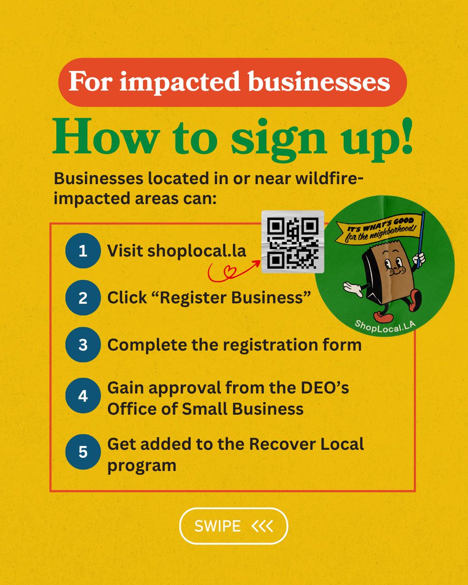 EconOppLA's tweet image. Businesses impacted by the January wildfires can now join Shop Local. Dine Local. Recover Local, a countywide campaign to support economic recovery and boost customer traffic.
🛍 Register your business or take the pledge at shoplocal.la