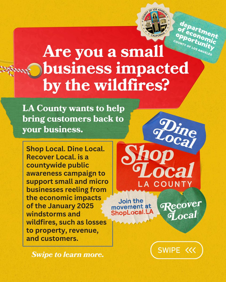 EconOppLA's tweet image. Businesses impacted by the January wildfires can now join Shop Local. Dine Local. Recover Local, a countywide campaign to support economic recovery and boost customer traffic.
🛍 Register your business or take the pledge at shoplocal.la