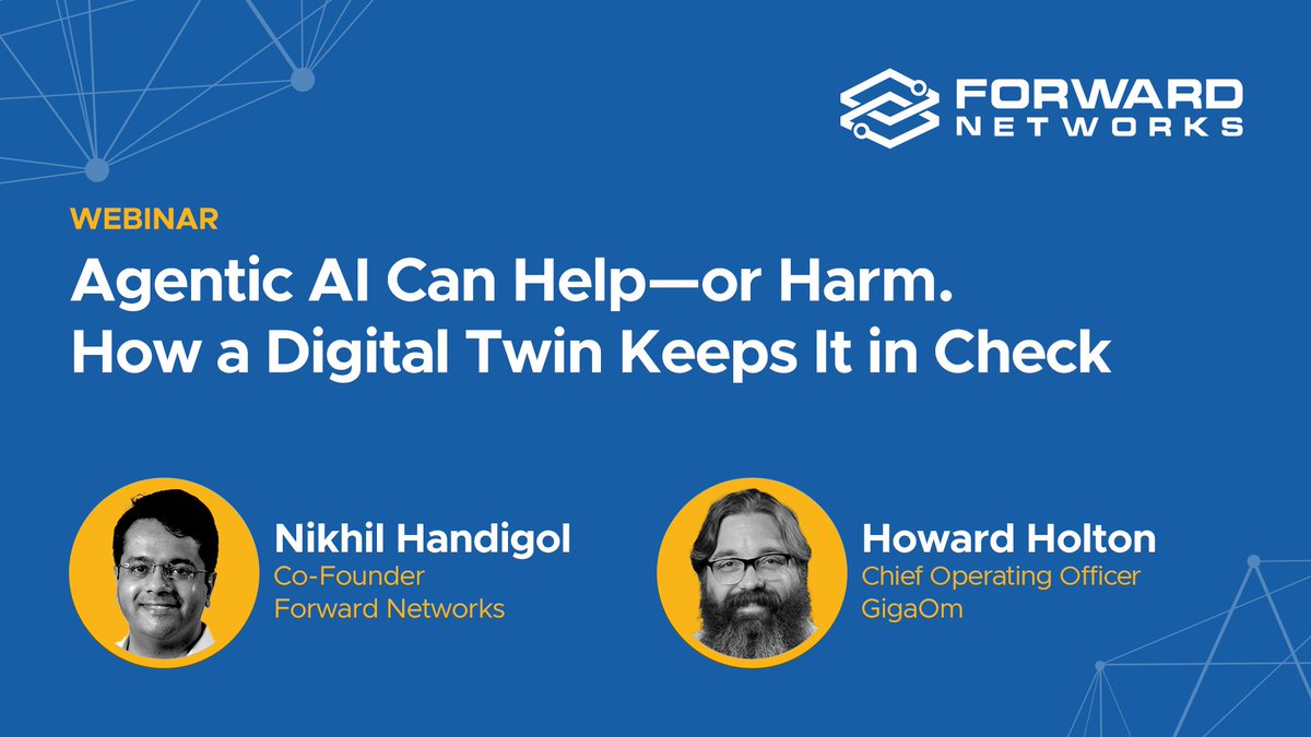 forwardnetworks's tweet image. In 1 hour, our co-founder, @nikhilhandigol, and @gigaom's COO, Howard Holton, will share real-world use cases of how a #NetworkDigitalTwin prevents outages, accelerates incident response, and supports AI-driven automation. Join the discussion here:
hubs.li/Q03yp3J20 #NDT