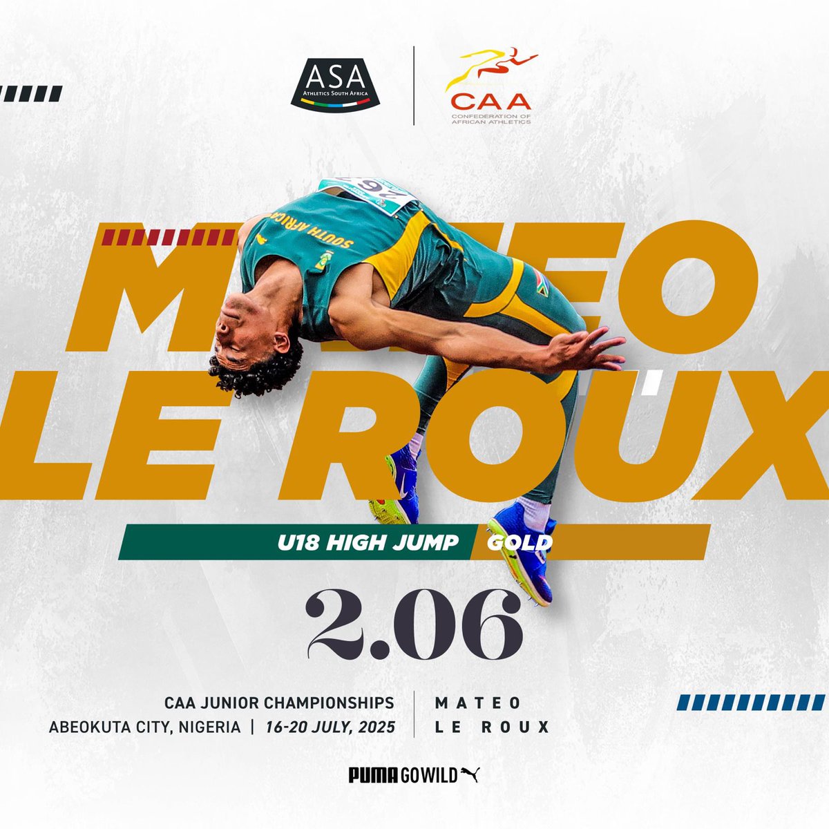 AthleticsSA_'s tweet image. Clutch 🤴
Mateo Le Roux continues his fine form with another 🥇jumping 2:06m in Nigeria
#CAAAfricanJuniorChamps