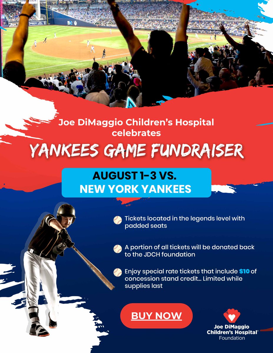 JDCHospital's tweet image. ⚾ Catch the @Marlins vs. @Yankees Aug 1–3 and support Joe DiMaggio Children’s Hospital! 🎟️ Legends Level seats, $10 food credit, and a portion benefits the #JDCHFoundation.
🎟️ Limited tickets available, grab yours now: gofevo.com/group/Joedimag…
