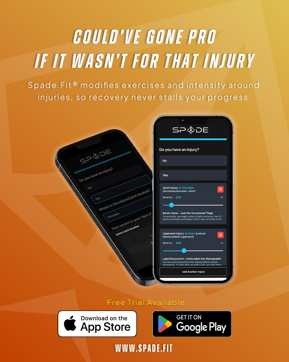 SpadeFit's tweet image. No need to explain yourself, it’s time to get you back on track. 

Let us know your injuries and we’ll pick only research-backed exercises that support your recovery. 
 
 #SpadeFit #InjuryAdaptive #AdaptiveTraining #FitnessApp #TripleAdaptive #GymApp #AppLaunch