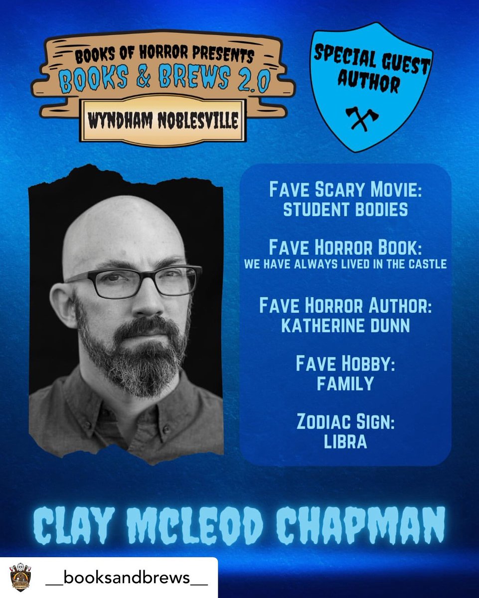 claymcleod's tweet image. 👀👀• @__booksandbrews__ 🚨 AUTHOR SPOTLIGHT 🚨
Get to know more about Clay McLeod Chapman’s favorite things! Do you share any common interests?
Be sure to mark August 2nd on your calendar to meet Clay at Books & Brews at Wyndham in Noblesville, Indiana!
#booksandbrews #horror