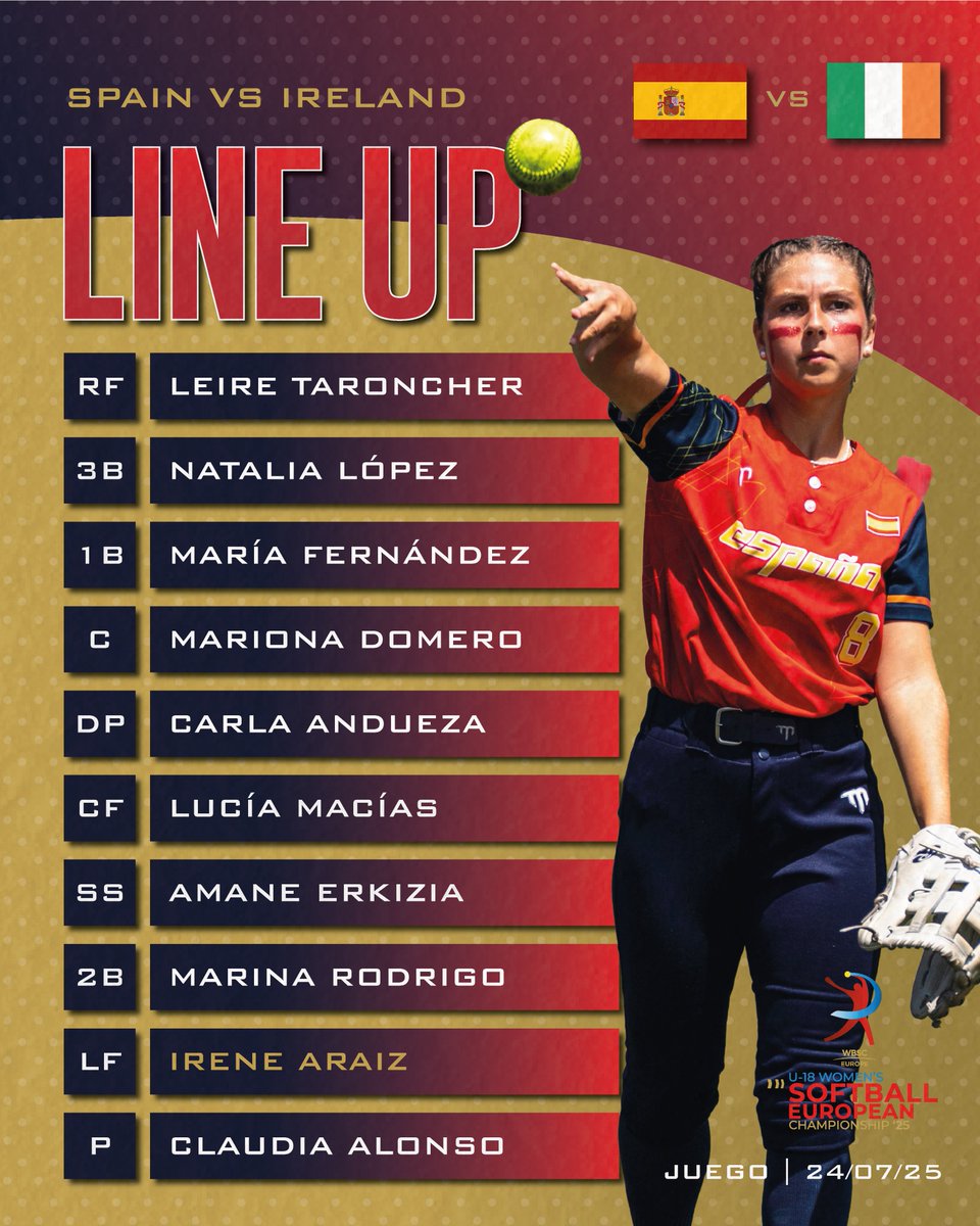 RFEBS's tweet image. LINE UP 📝🔥
Empieza la lucha por las medallas en el Campeonato de Europa Sub-18 de sófbol, iniciando la Super Round hoy a las 19.30h contra Irlanda 🇨🇮
El camino hacia el medallero final empieza hoy, con un objetivo y un sueño claro: estar en lo más alto ante nuestra afición 💪🏼