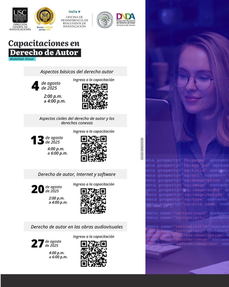 Editorial_USC's tweet photo. 🧠💻 ¡Capacítate en Derecho de Autor con la USC!

La OTRI y la DGI te invitan a un ciclo virtual junto a la DNDA para aprender a proteger tus obras, software y contenidos.

📅 4, 13, 20 y 27 de agosto
🔗 Modalidad virtual (ingreso con QR)

#DerechoDeAutor #PropiedadIntelectual https://t.co/VNWtwqfOlZ