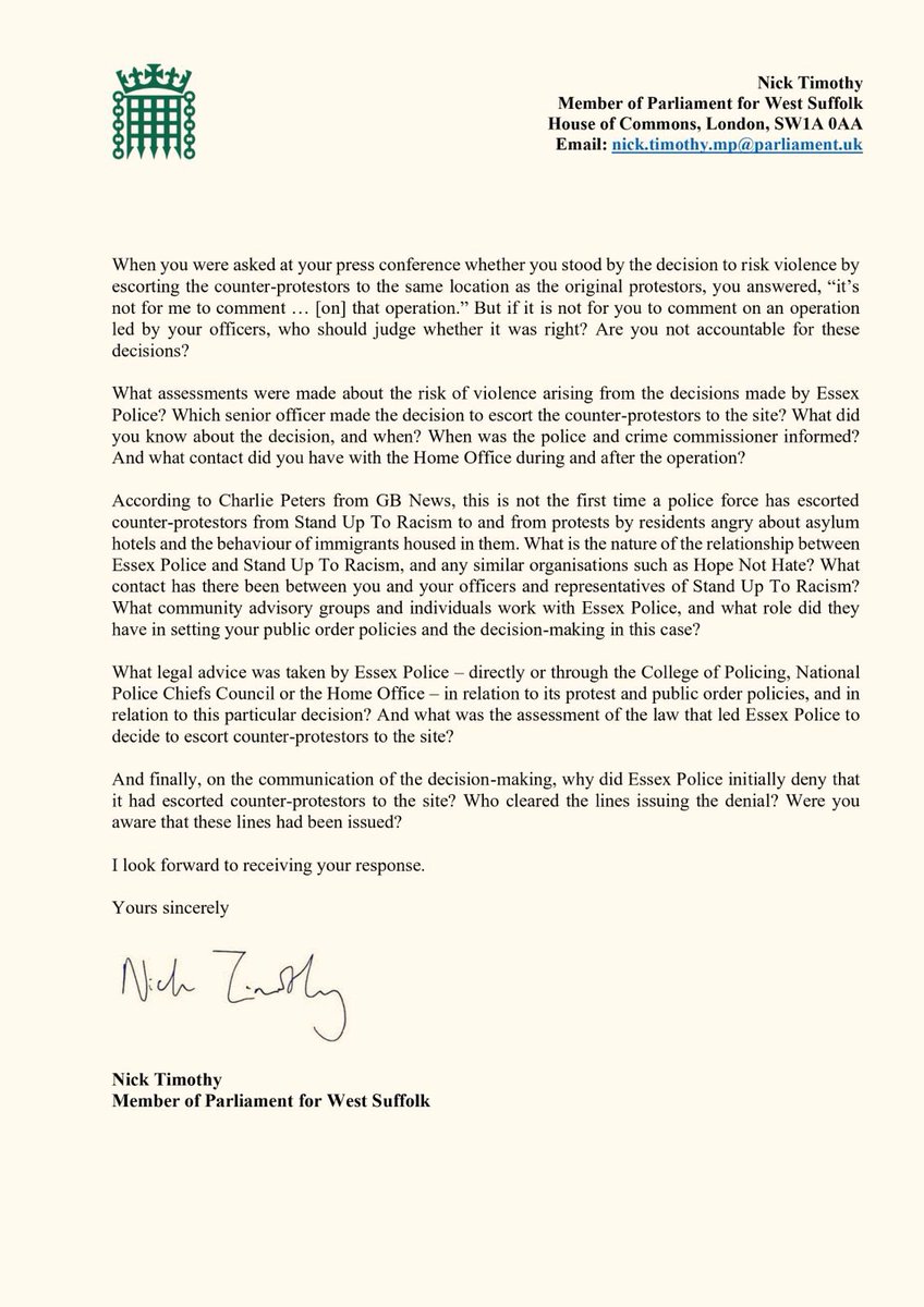 After a migrant allegedly attacked a child, Essex Police helped professional agitators to confront local protestors.

Their actions made violence more likely, not less.

And it was very different to how the police have handled other protests.

My letter to the Chief Constable:
