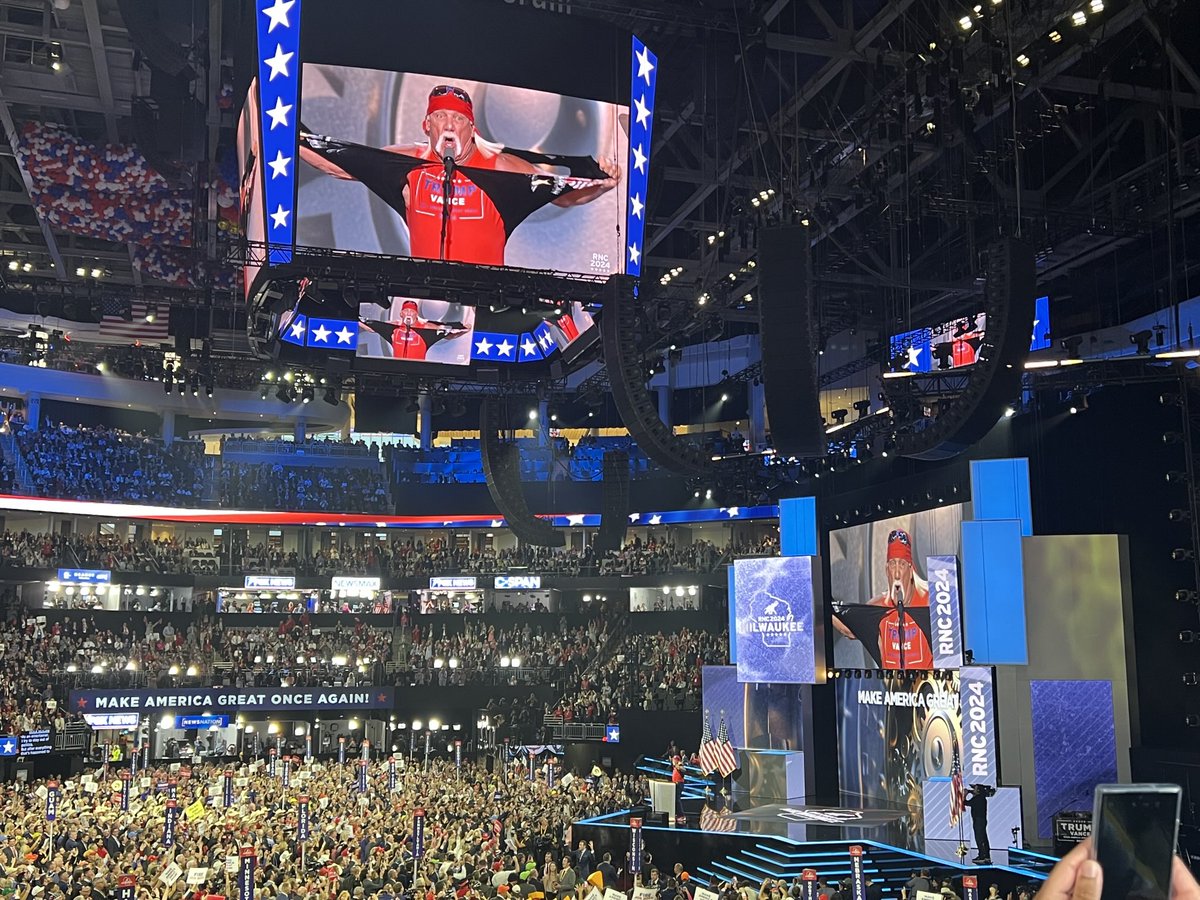 MarkMaxwellTV's tweet image. One year and six days ago, Hulk Hogan rallied the RNC in Milwaukee. The pro-wrestling star is dead at 71.