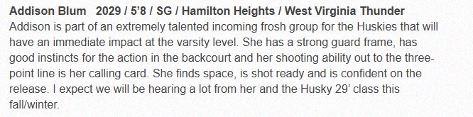 addisonblum2029's tweet image. Thank you @coachbeckett for the writeup.  Very excited to start my high school career and hopefully make some noise early. @HHHuskiesGBB