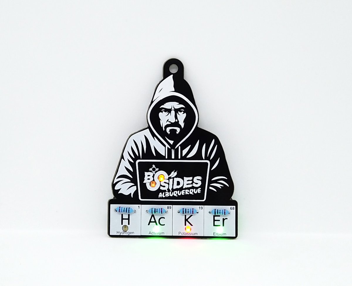Abhinav Panda (@tweetsfrompanda) on Twitter photo <a href="/BSides_ABQ/">Security BSides Albuquerque</a>'s second learn-to-solder badge is here - this time cooking up a chemistry-themed design that tips its hazmat suit to the most infamous lab tale ever to hit the Southwest.
#badgelife <a href="/BSides_ABQ/">Security BSides Albuquerque</a>'s second learn-to-solder badge is here - this time cooking up a chemistry-themed design that tips its hazmat suit to the most infamous lab tale ever to hit the Southwest.
#badgelife