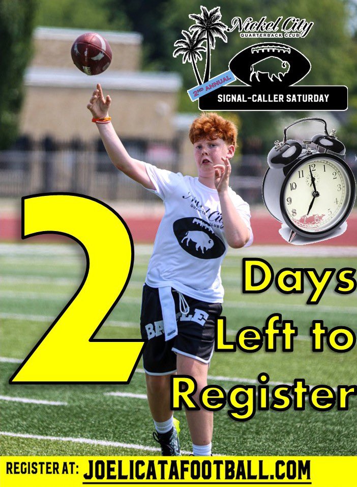 📣 Only 2 Days Left to Register!
Signal-Caller Saturday is almost here! 🏈
📍 Cheektowaga High | August 9
🎽 Lock in your spot by Saturday to guarantee a T-shirt and a shot at winning a TV! 📺

🔗 joelicatafootball.com | #SignalCallerSaturday #BuffaloFootball #NickelCityQBClub