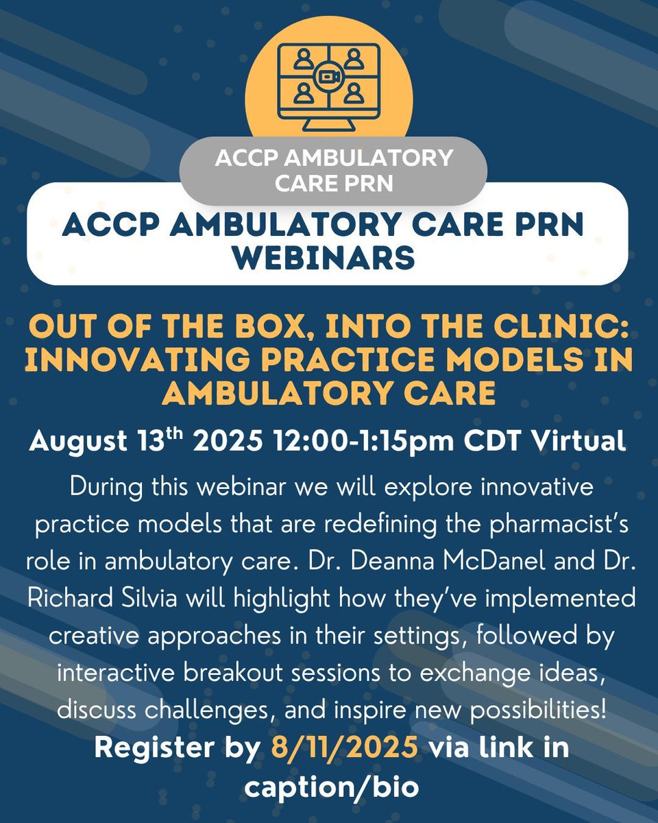 Join us 8/13/2025 for the Amb Care PRN Webinar focused on innovative practice models in the ambulatory care space! Register by 8/11/2025. buff.ly/3s724Er