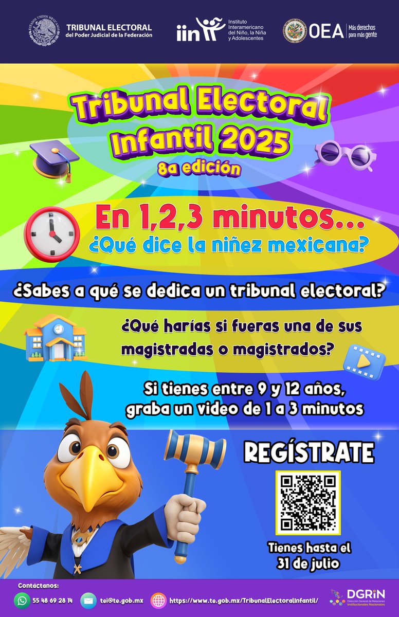 📢 ¡Participa en el Tribunal Electoral Infantil 2025!
👧🧒Si tienes entre 9 y 12 años, el <a href="/TEPJF_informa/">TEPJF</a> y el <a href="/IINOEA/">IIN-OEA</a> te invitan a registrarte.
🏛️ ⚖️Podrás ser magistrada o magistrado electoral infantil por un día.
📄 Conoce la convocatoria te.gob.mx/TribunalElecto…