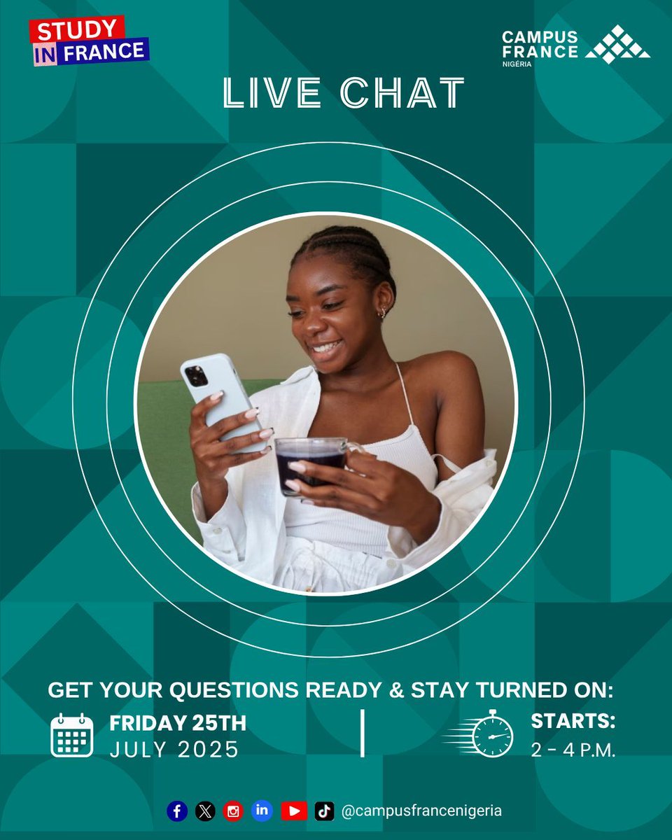 On Thursday, Live chat 'its tomorrow', below is the caption:

✨ IT'S TOMORROW
🌍Campus France Nigeria will have an informative live chat session tomorrow to respond to all questions regarding studying in France
Don't miss this chance 🎓🇫🇷 

#StudyInFrance #Webinar #CampusFrance