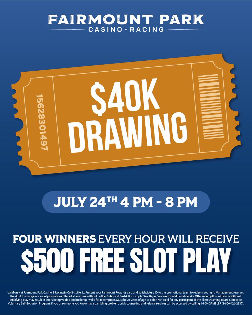 FairmountPk's tweet image. $40K Drawing is happening at Fairmount Park Casino & Racing! From 4 PM to 8 PM, weโre picking 4 winners every hour โ each taking home $500 in Free Slot Play.
Just play with your Players Card inserted and youโre in. Donโt miss your chance to win big!