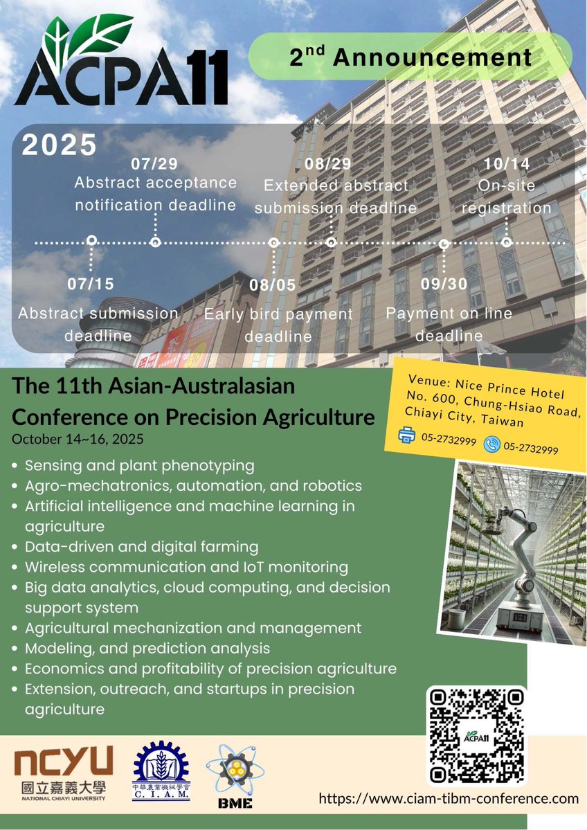 IntSoPA's tweet image. The 11th ACPA will be held on October 14-16, 2025 in Chiayi, Taiwan. This conference provides a valuable platform for scholars and industry professionals to share research results and experience in all areas of precision agriculture.
Learn more, at: ispag.org/Events/ACPA
#ISPAg