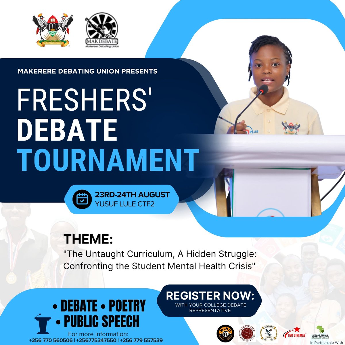 makdebateunion's tweet image. Our theme for the Freshers' Tournament is about mental health.Our vision is that beyond the tournament and winning a trophy, a fresher will have an insight of taking care of their mental health amidst the ever challenging environment in a university.
We invite you all. Merci.