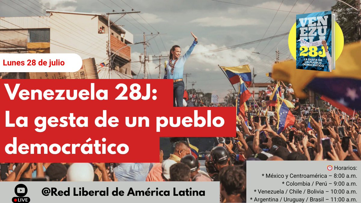 RELIALred's tweet image. 📢A un año del día en que Venezuela eligió la libertad, celebremos la fuerza de un pueblo que decidió cambiar su destino🕊️
Este lunes 28 de julio a las 
🇲🇽 México y C.A. – 8:00 a.m.
🇨🇴🇵🇪 Colombia / Perú – 9:00 a.m.
🇻🇪🇨🇱🇧🇴 Venezuela / Chile / Bolivia – 10:00 a.m.
🇦🇷🇺🇾🇧🇷 Argentina…